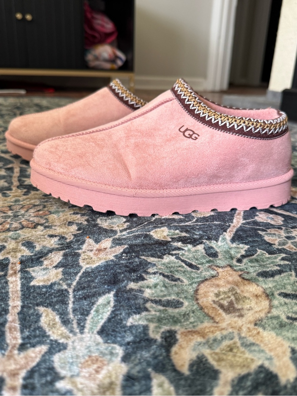 UGG Pink Suede Slip-On Clog with Embroidered Trim